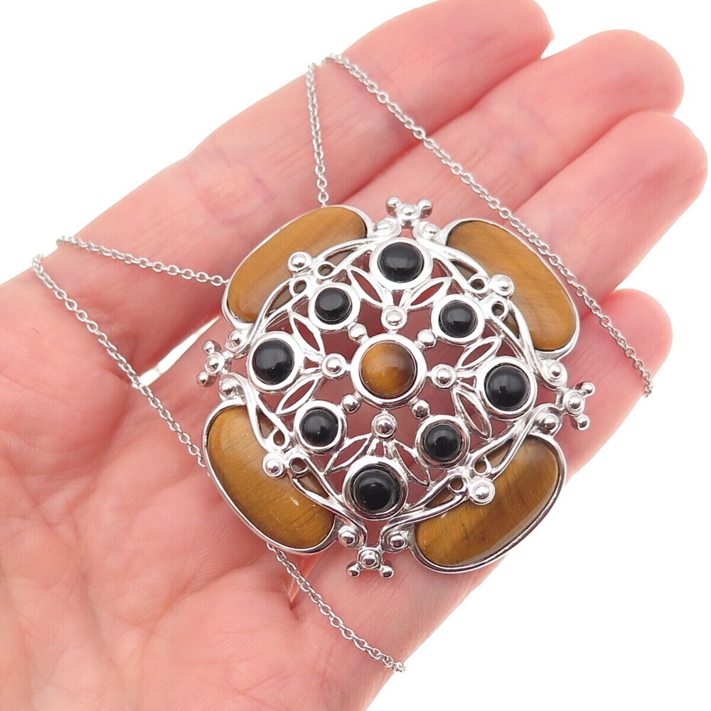 Ross Simons 925 Sterling Silver Vintage Real Tiger Eye & Black Onyx Necklace 18"